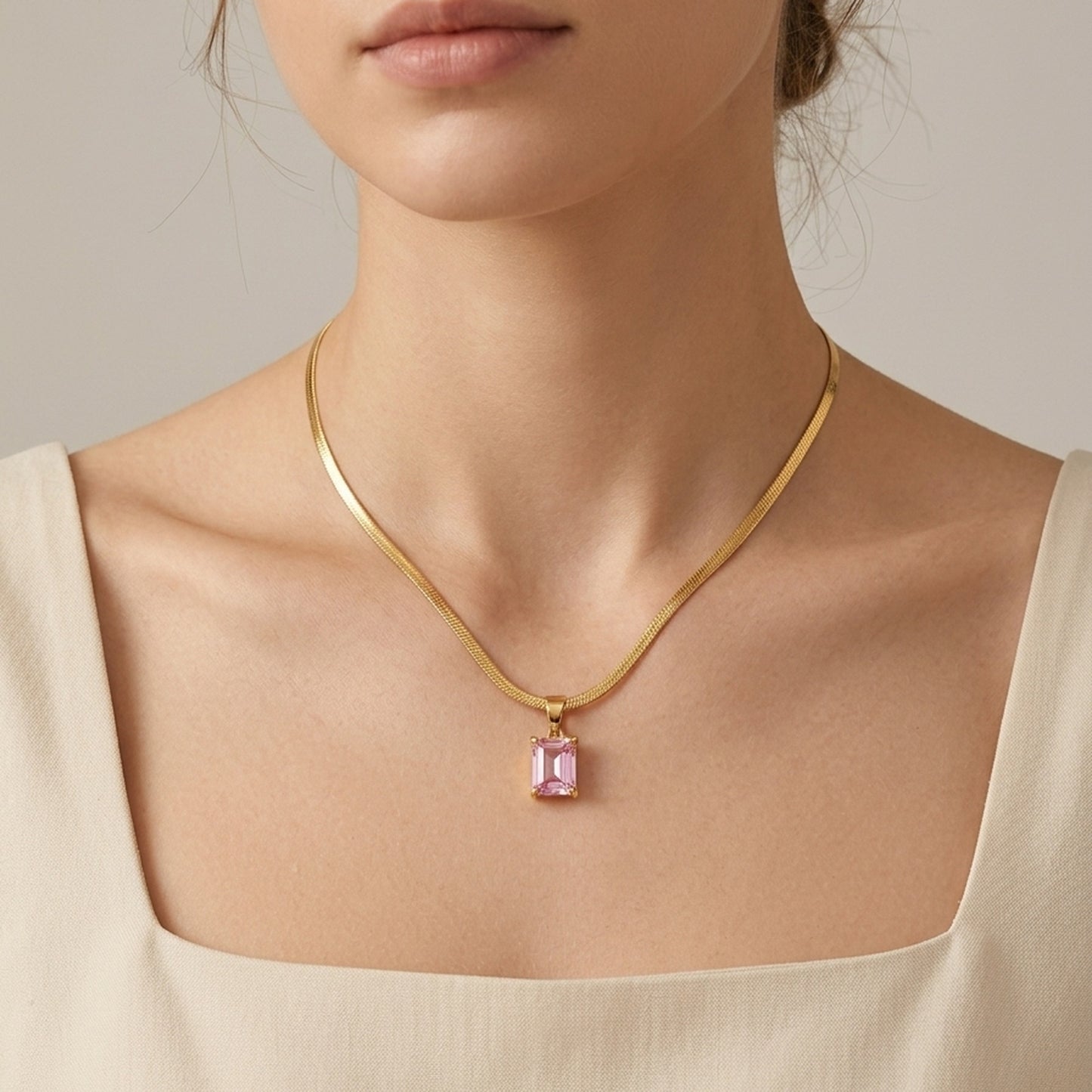 18K Gold Plated Pink Emerald-Cut CZ Four-Prong Pendant Herringbone Chain Necklace