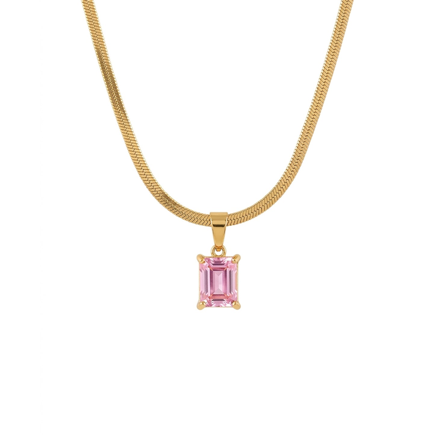 18K Gold Plated Pink Emerald-Cut CZ Four-Prong Pendant Herringbone Chain Necklace
