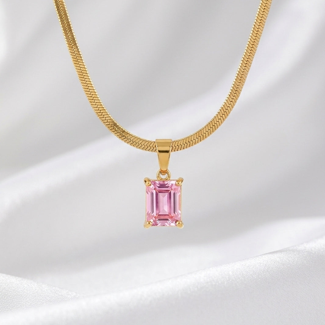 18K Gold Plated Pink Emerald-Cut CZ Four-Prong Pendant Herringbone Chain Necklace