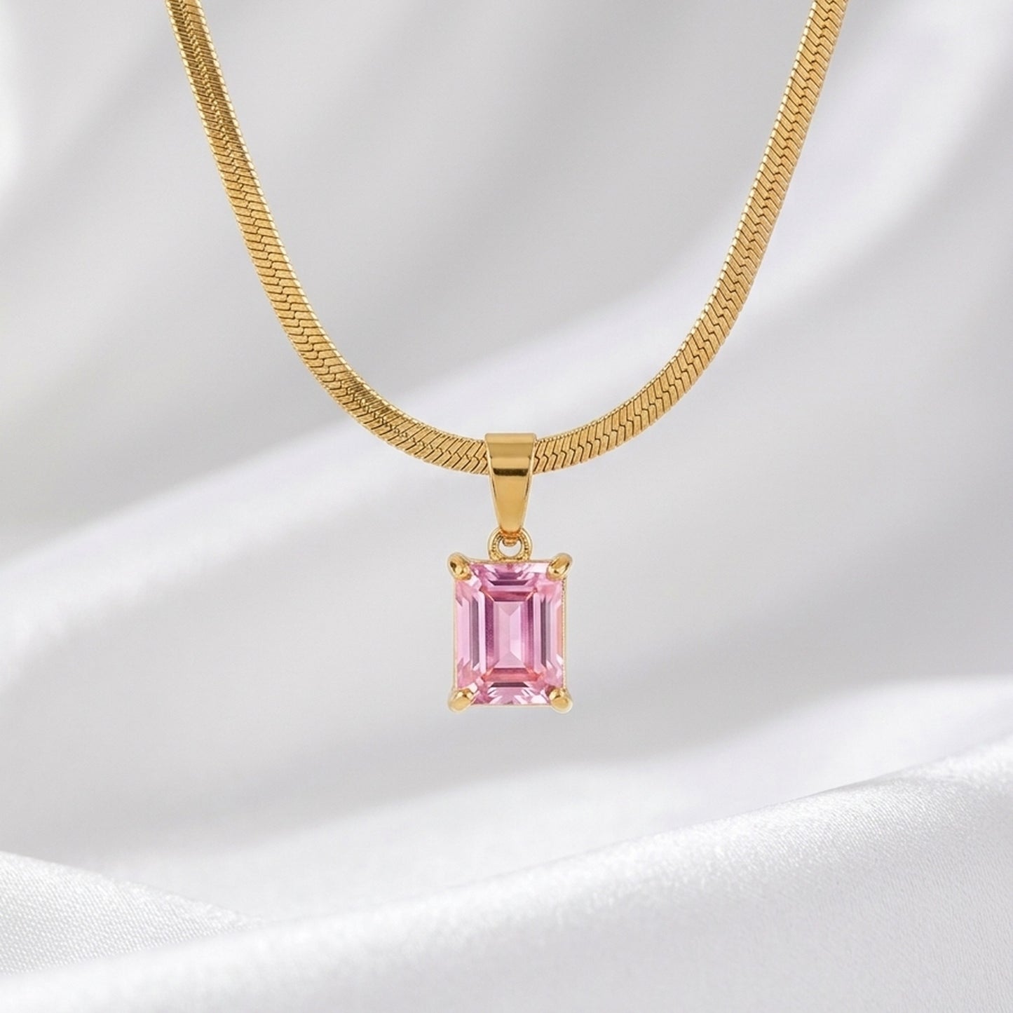 18K Gold Plated Pink Emerald-Cut CZ Four-Prong Pendant Herringbone Chain Necklace