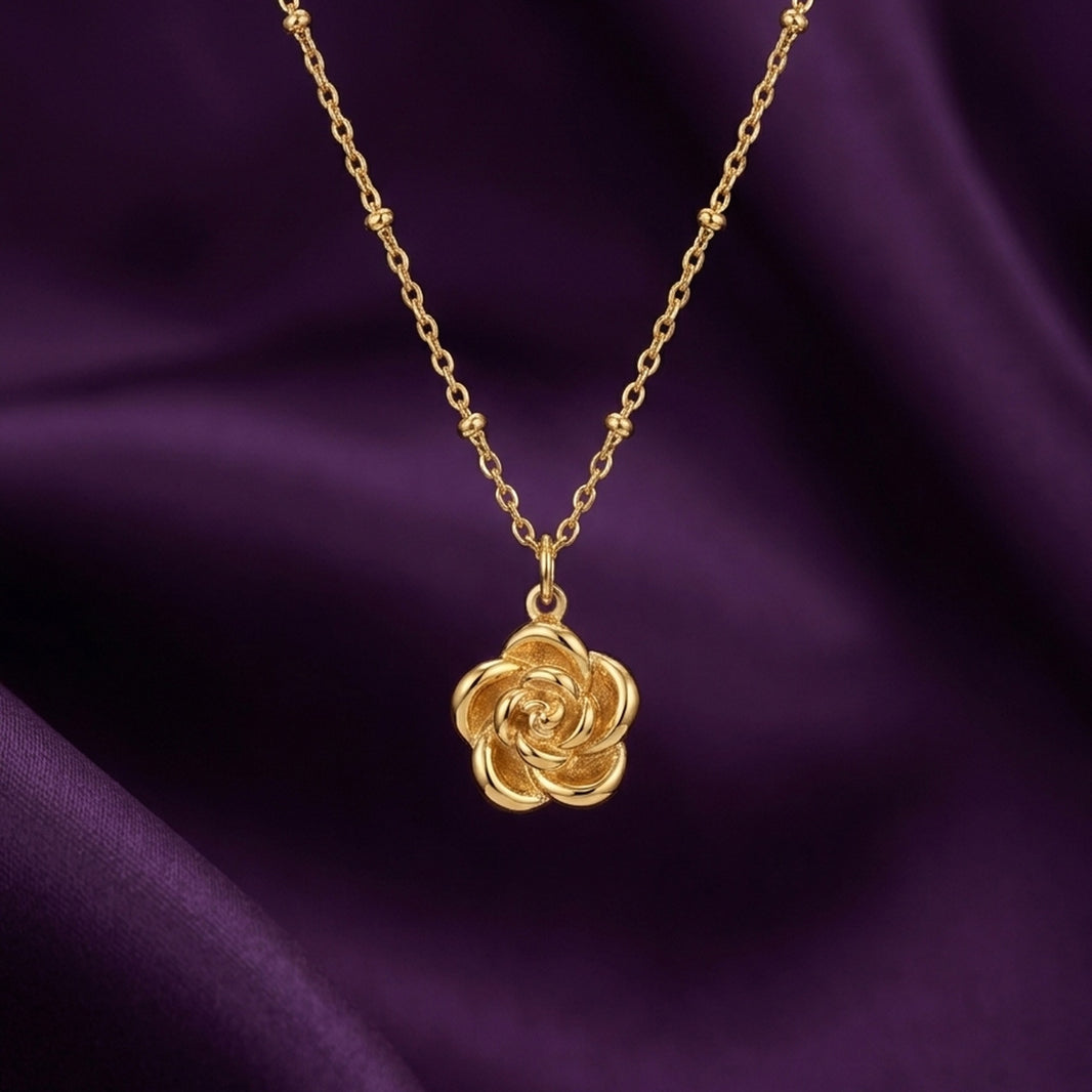 18K Gold Plated 3D Rose Flower Charm Pendant Satellite Chain Necklace
