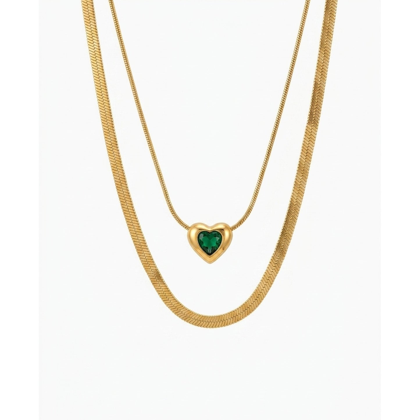 18K Gold Plated Double Herringbone Chain Green Heart CZ Slider Necklace