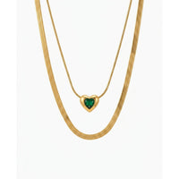 18K Gold Plated Double Herringbone Chain Green Heart CZ Slider Necklace