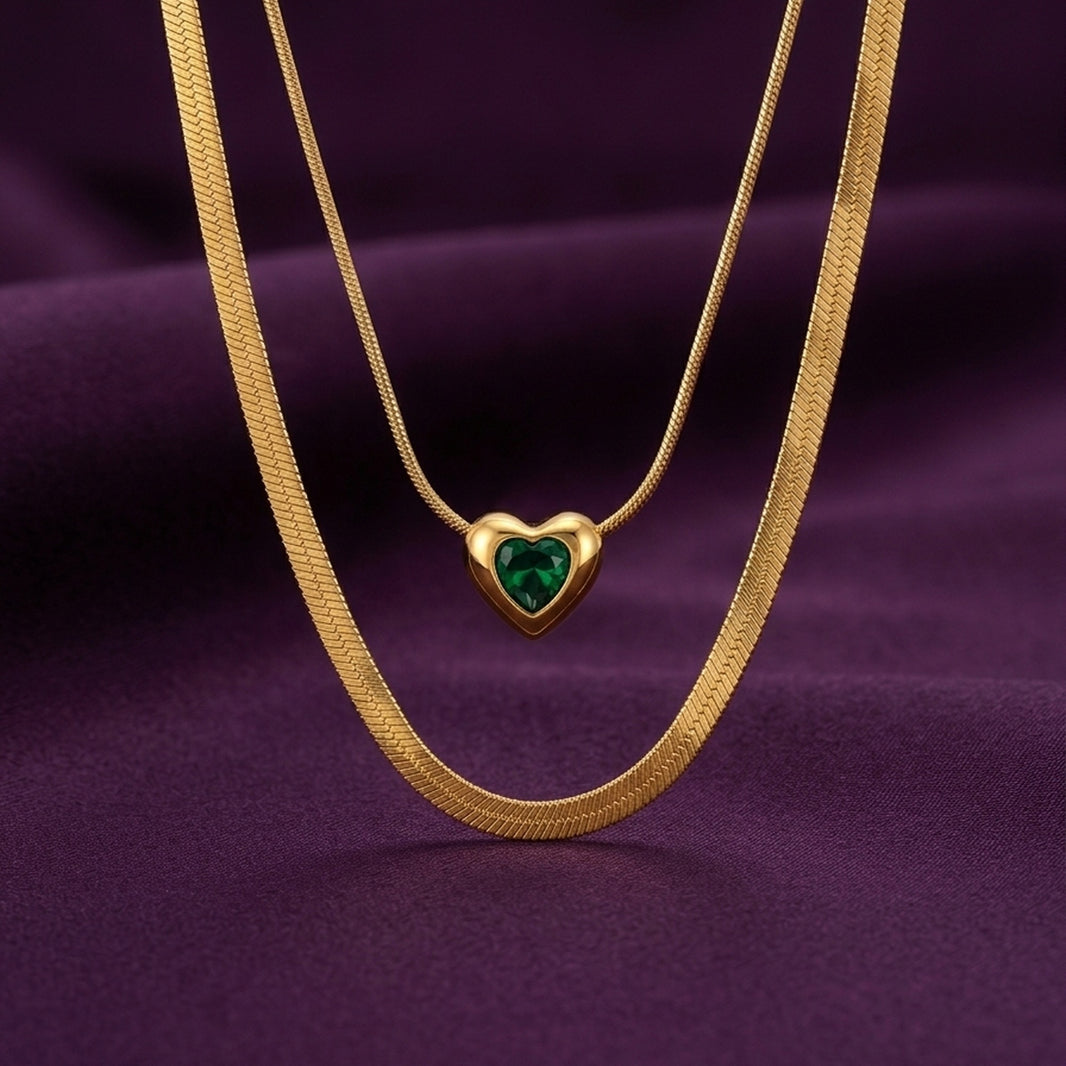 18K Gold Plated Double Herringbone Chain Green Heart CZ Slider Necklace