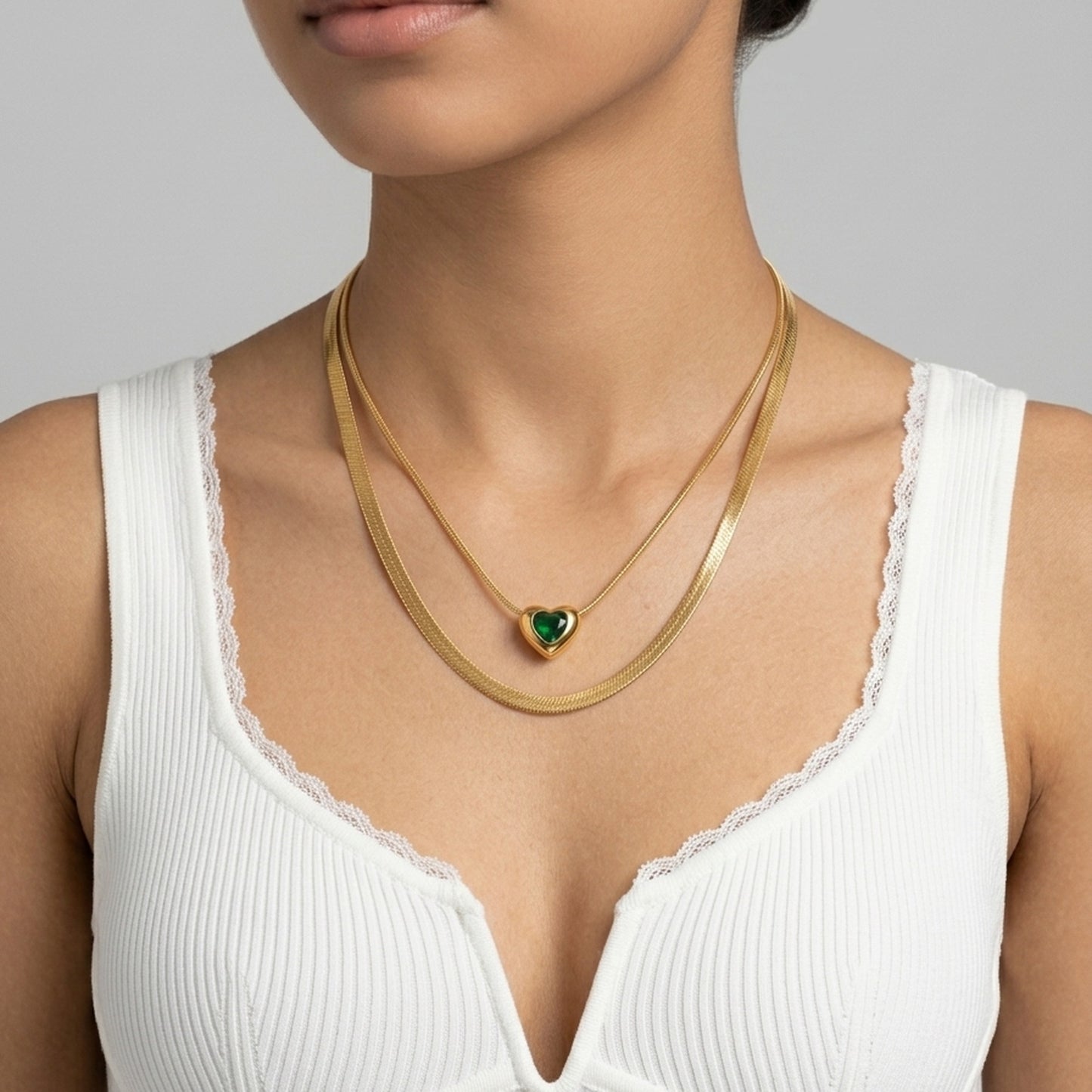 18K Gold Plated Double Herringbone Chain Green Heart CZ Slider Necklace