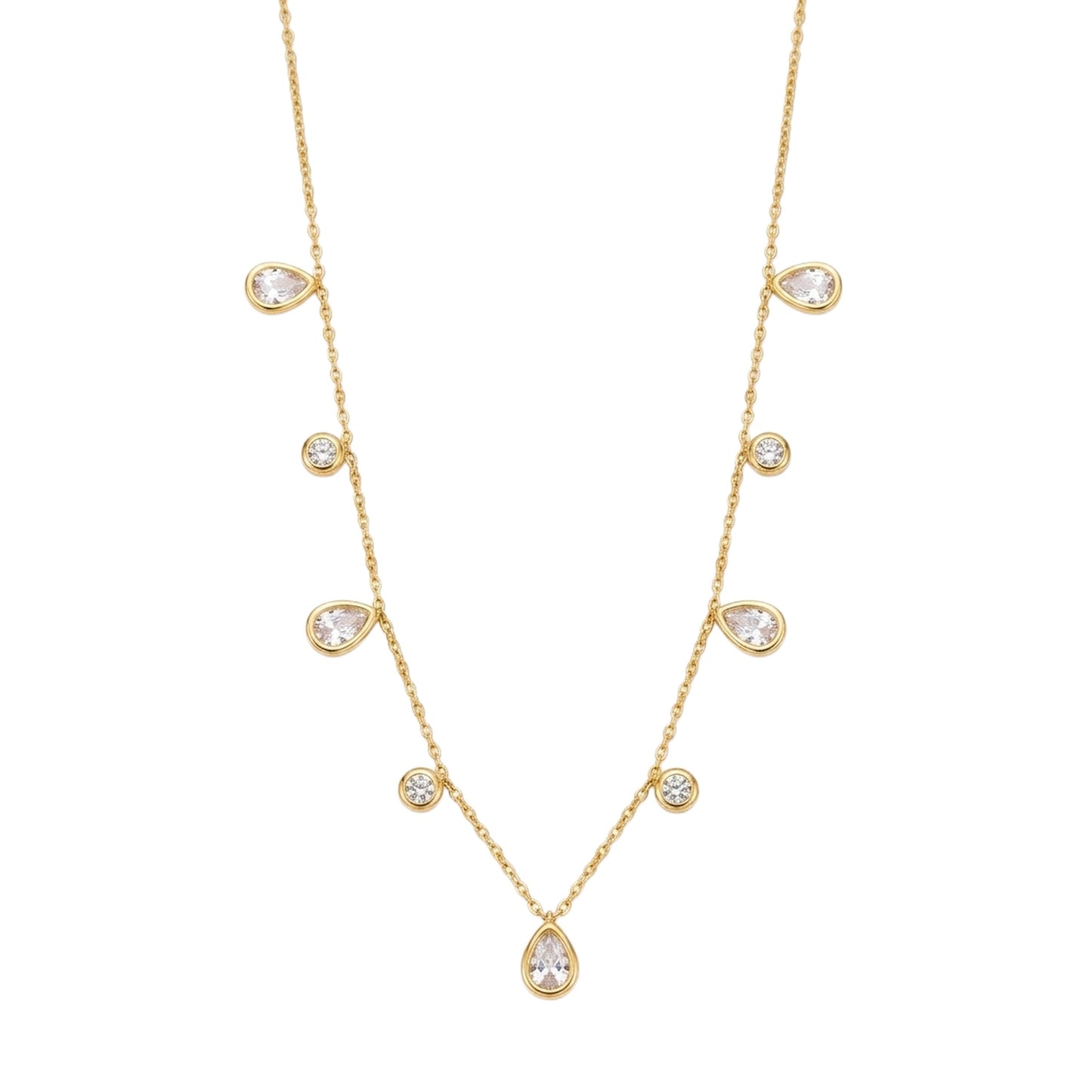 18K Gold Plated Pear & Round CZ Multi-Charm Station Necklace