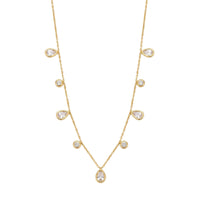 18K Gold Plated Pear & Round CZ Multi-Charm Station Necklace