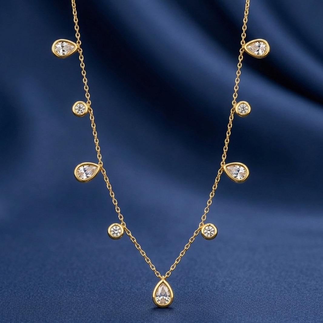 18K Gold Plated Pear & Round CZ Multi-Charm Station Necklace