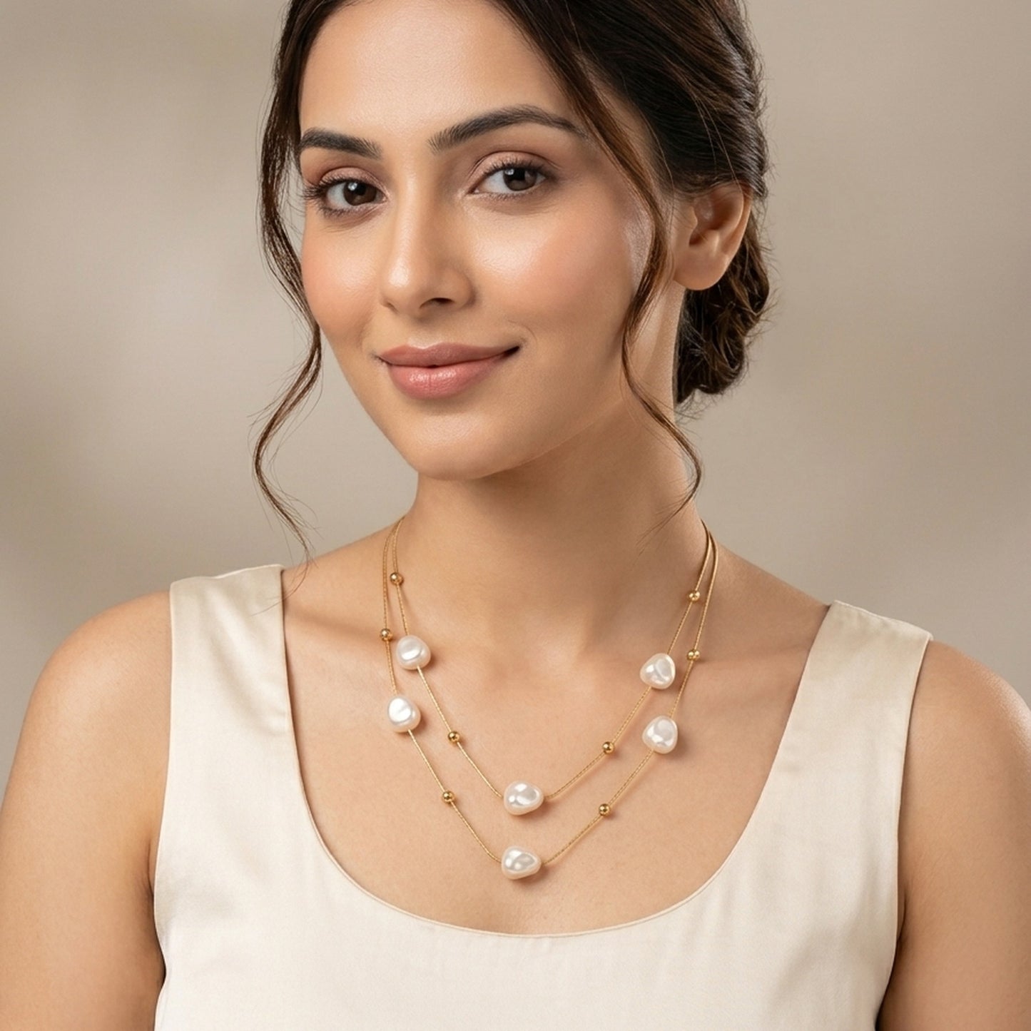 18K Gold Plated Double Layer Baroque Pearl & Ball Station Necklace