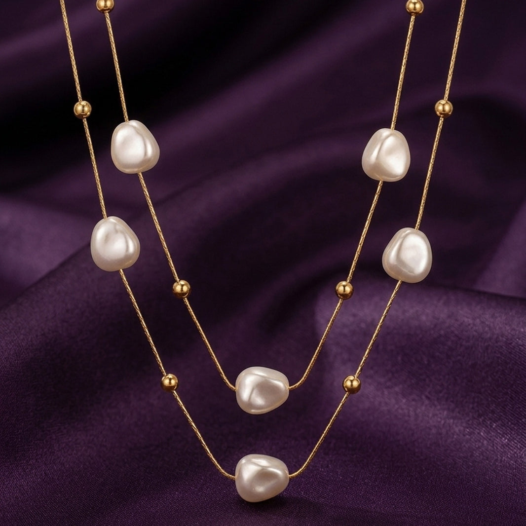 18K Gold Plated Double Layer Baroque Pearl & Ball Station Necklace