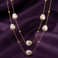 18K Gold Plated Double Layer Baroque Pearl & Ball Station Necklace