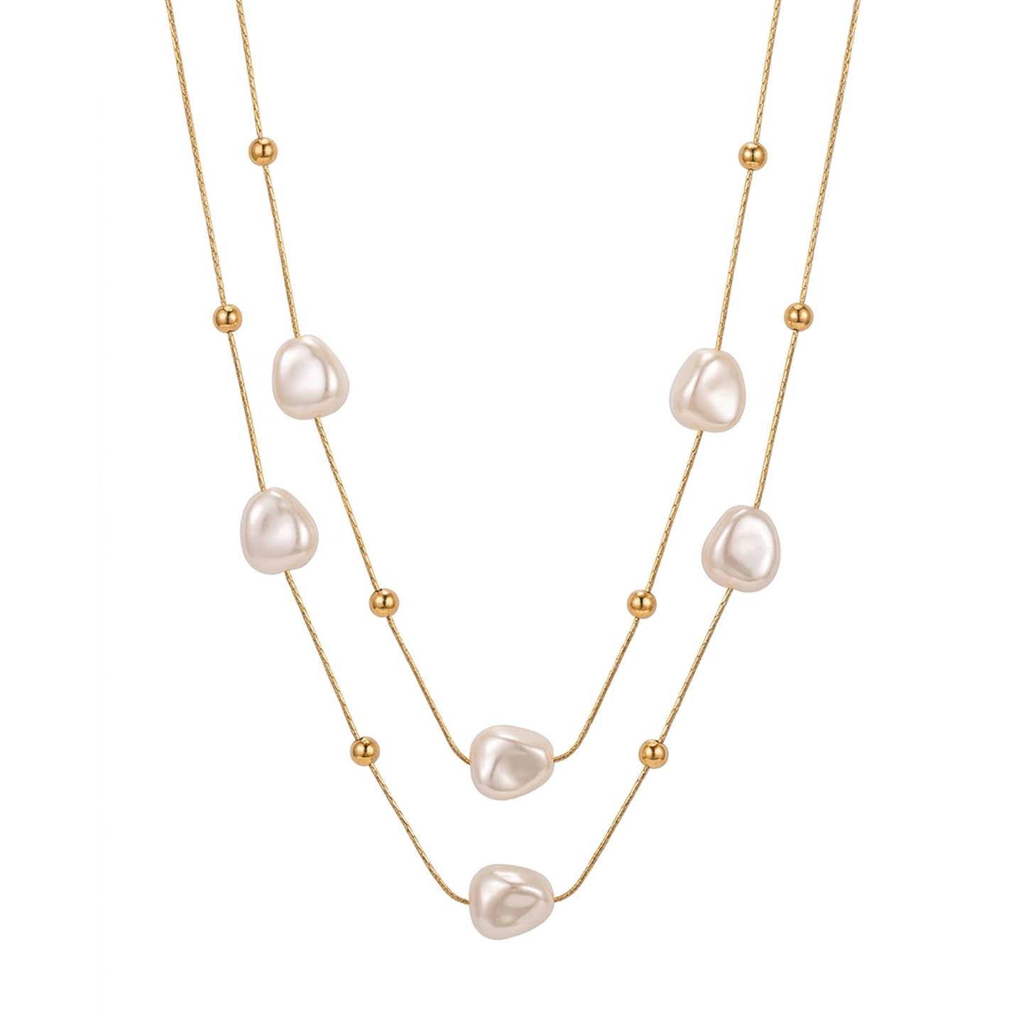 18K Gold Plated Double Layer Baroque Pearl & Ball Station Necklace
