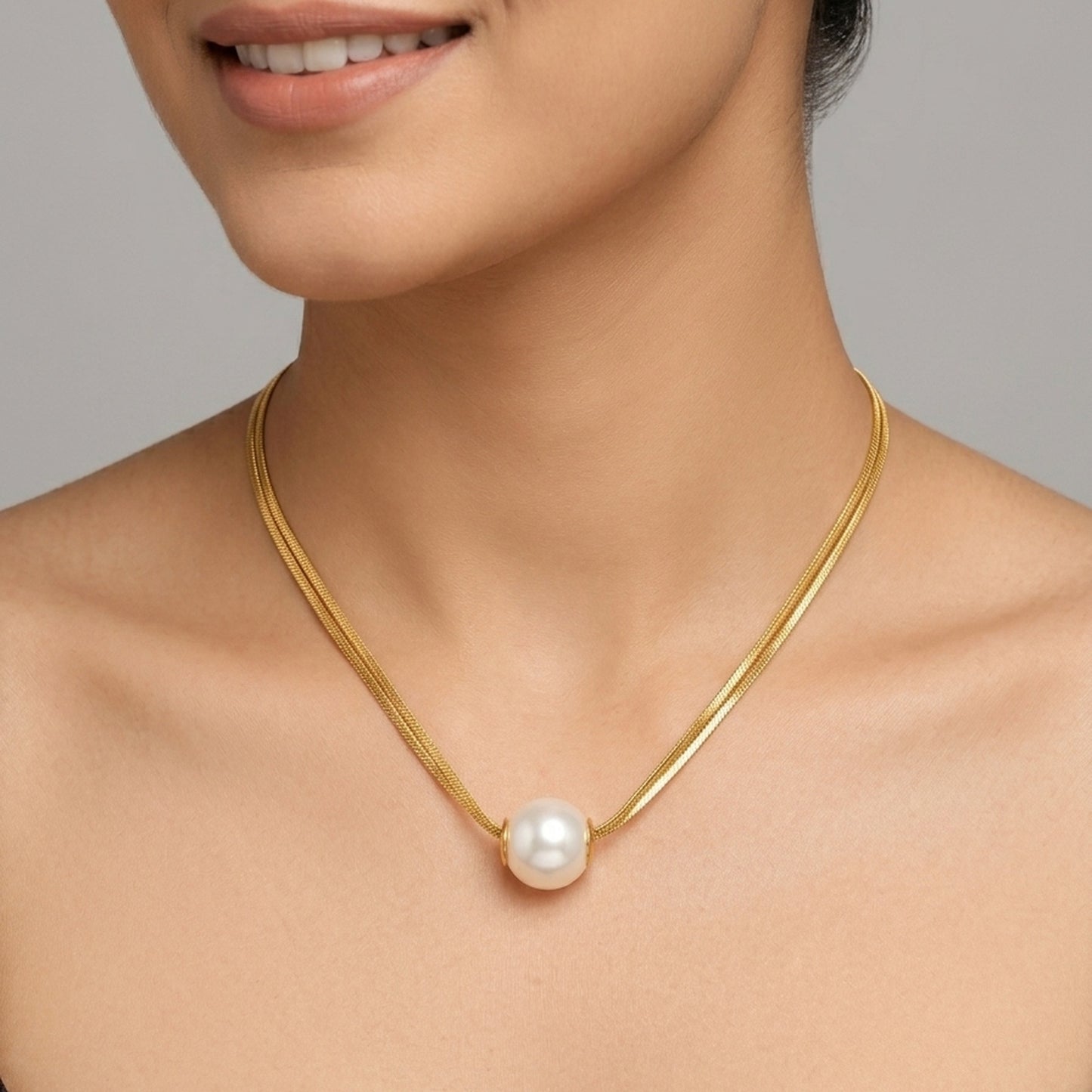 18K Gold Plated Double Herringbone Chain Single Pearl Slider Necklace