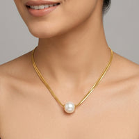 18K Gold Plated Double Herringbone Chain Single Pearl Slider Necklace