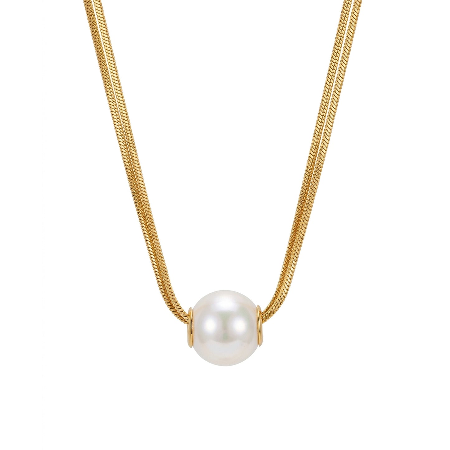 18K Gold Plated Double Herringbone Chain Single Pearl Slider Necklace