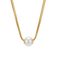 18K Gold Plated Double Herringbone Chain Single Pearl Slider Necklace
