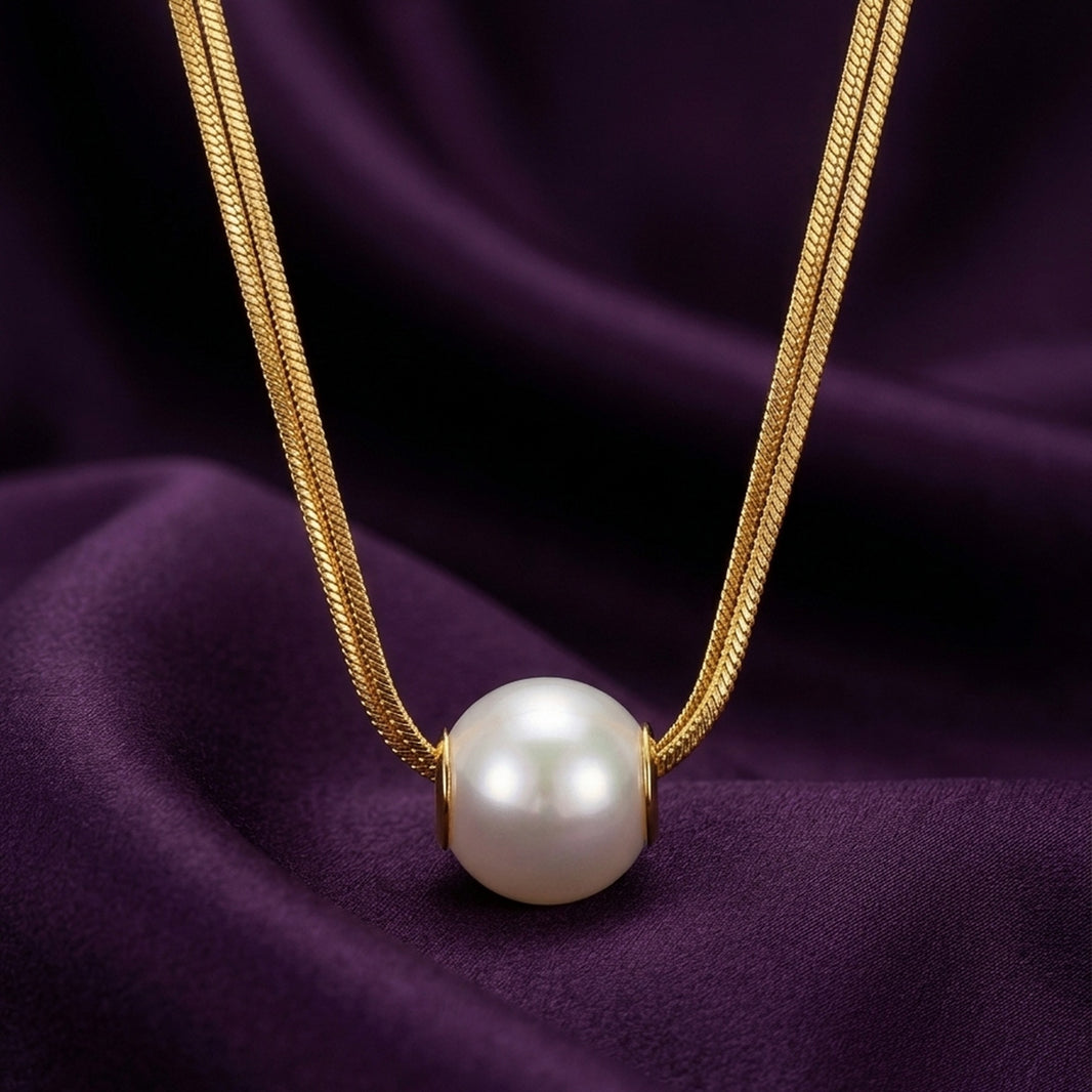 18K Gold Plated Double Herringbone Chain Single Pearl Slider Necklace