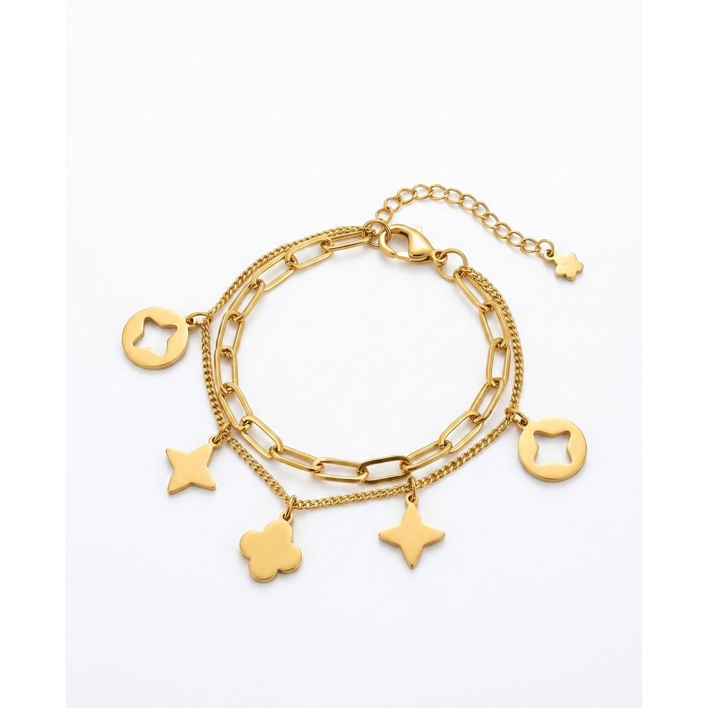 18K Gold Plated Double Layer Star & Clover Multi-Charm Bracelet