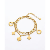 18K Gold Plated Double Layer Star & Clover Multi-Charm Bracelet