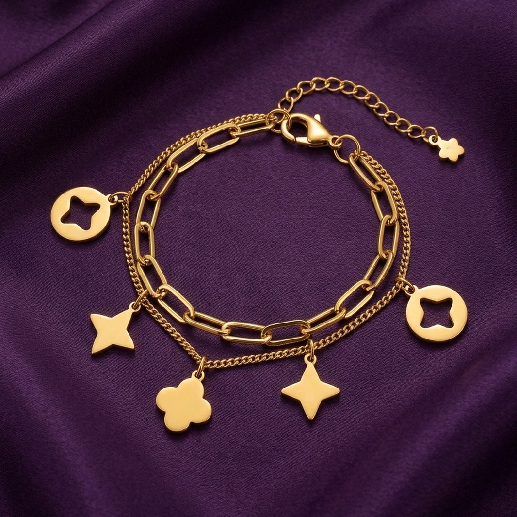 18K Gold Plated Double Layer Star & Clover Multi-Charm Bracelet
