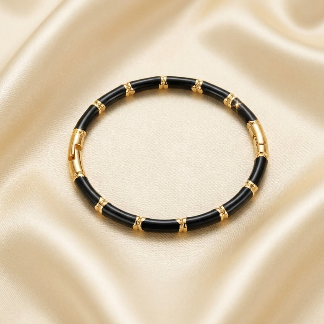 18K Gold Plated Black Enamel Gold Station Stretch Bangle Bracelet