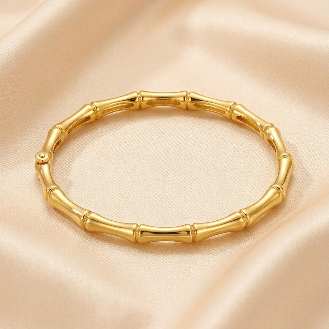 18K Gold Plated Bamboo Link Hinged Bangle Bracelet