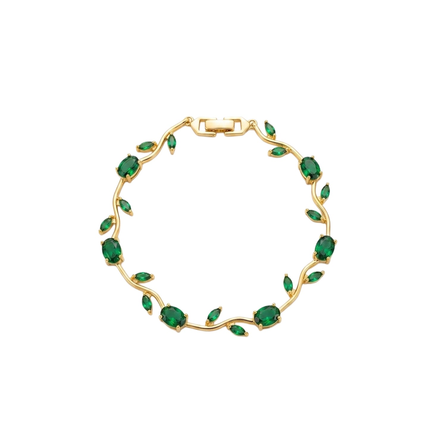 18K Gold Plated Emerald Green Oval & Marquise CZ Vine Tennis Bracelet