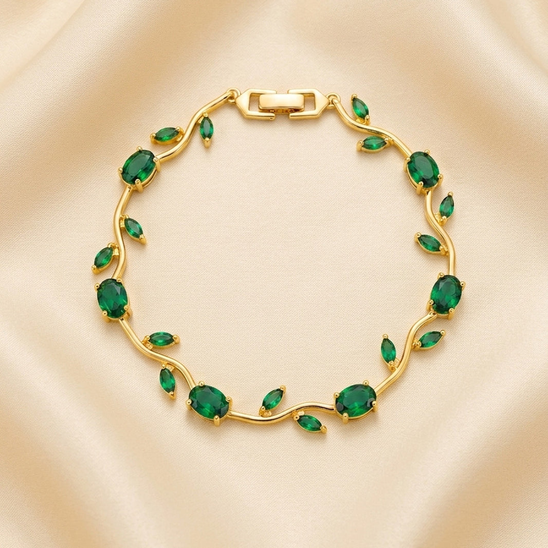 18K Gold Plated Emerald Green Oval & Marquise CZ Vine Tennis Bracelet