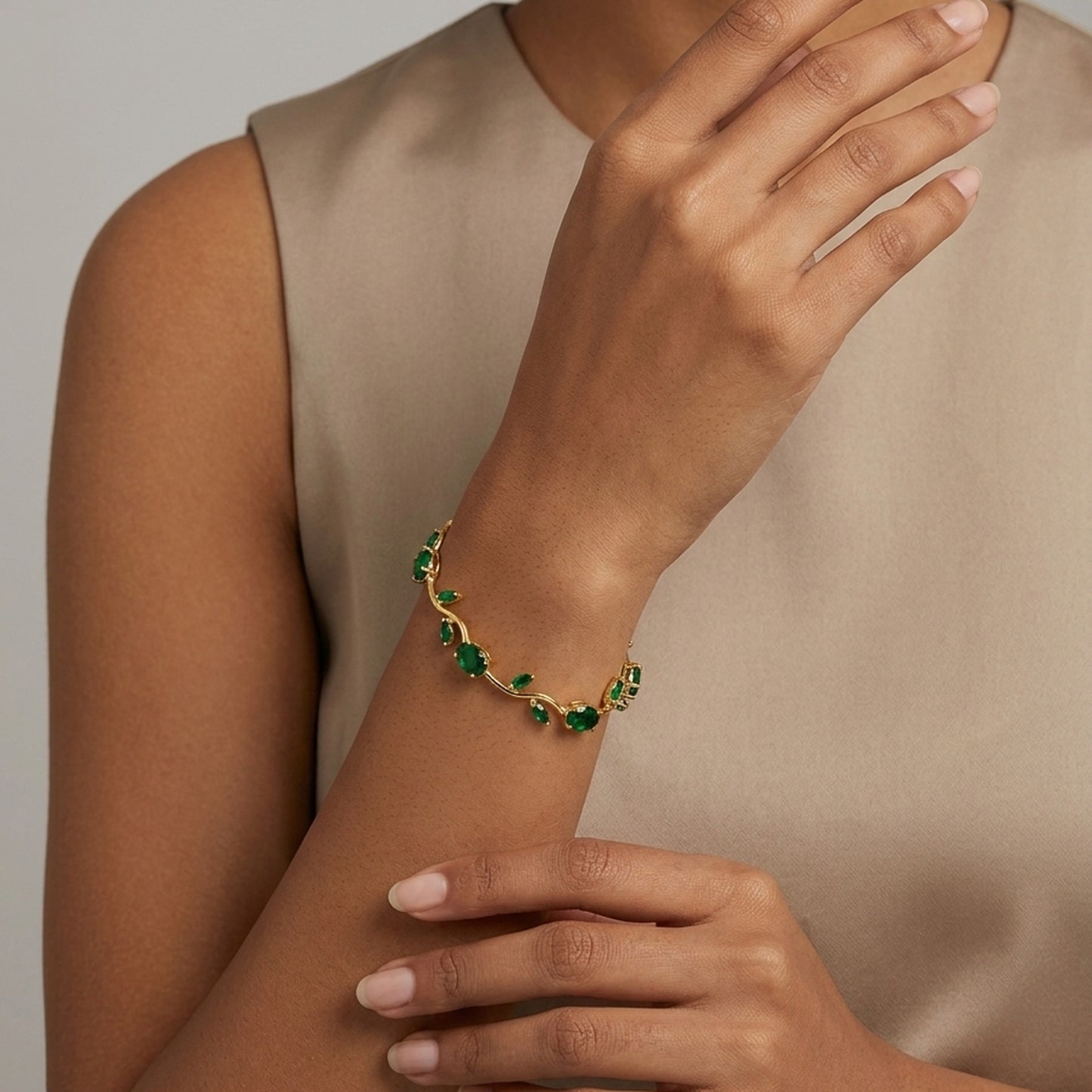 18K Gold Plated Emerald Green Oval & Marquise CZ Vine Tennis Bracelet
