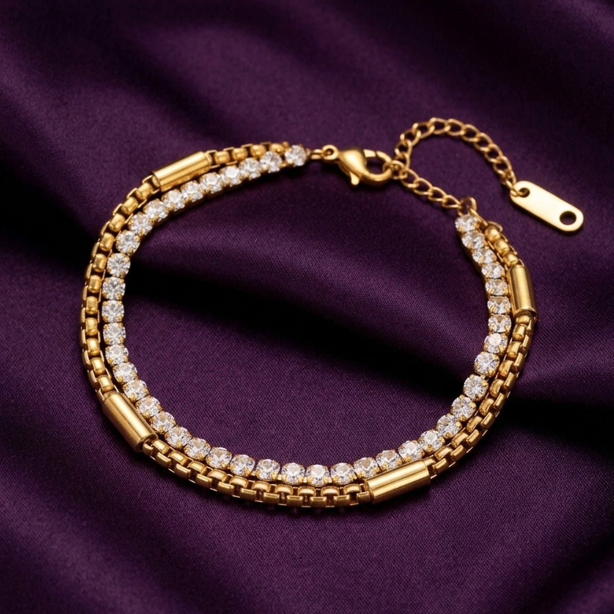 18K Gold Plated Double Layer CZ Tennis & Box Chain Bracelet
