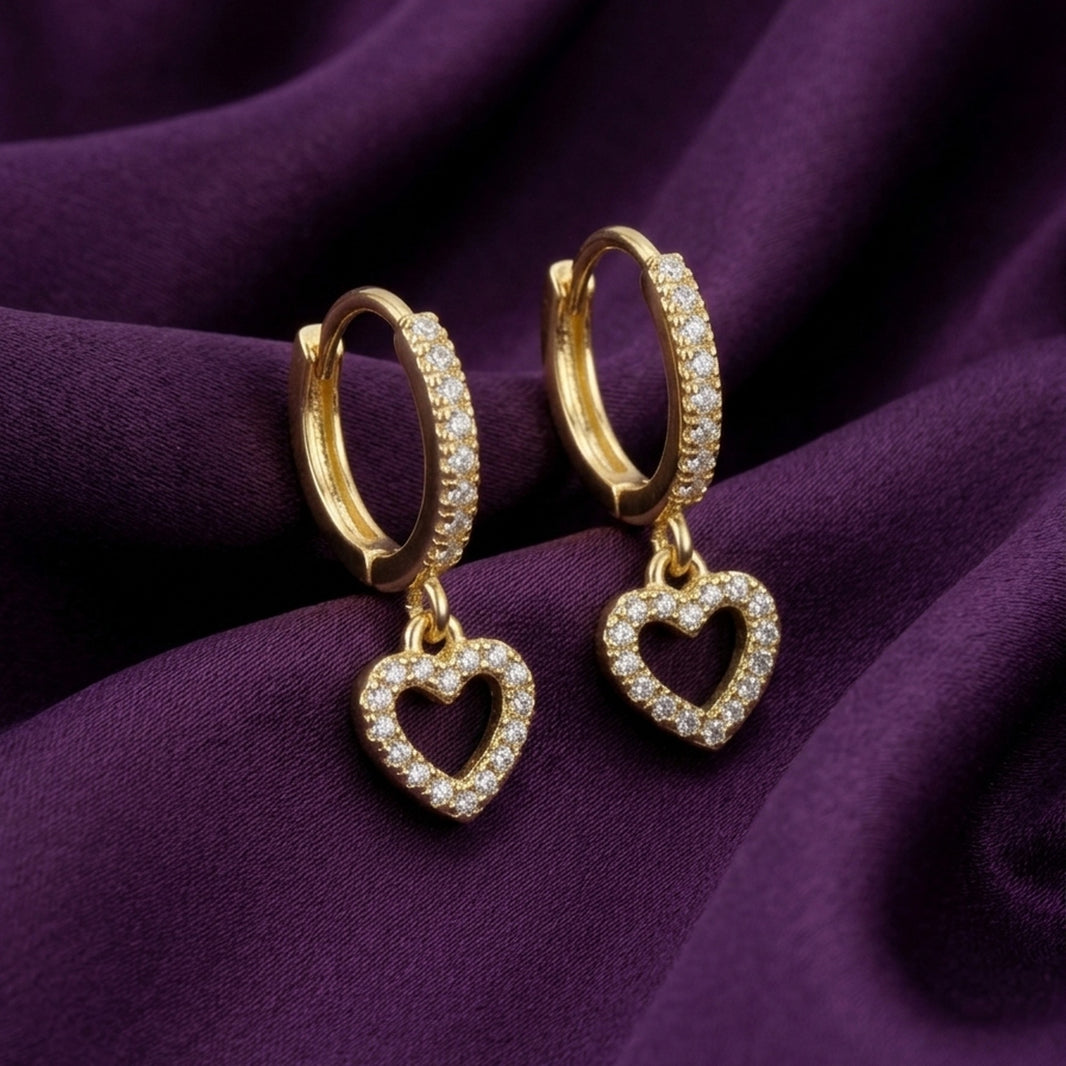 18K Gold Plated CZ Heart Charm Huggie Hoop Earrings