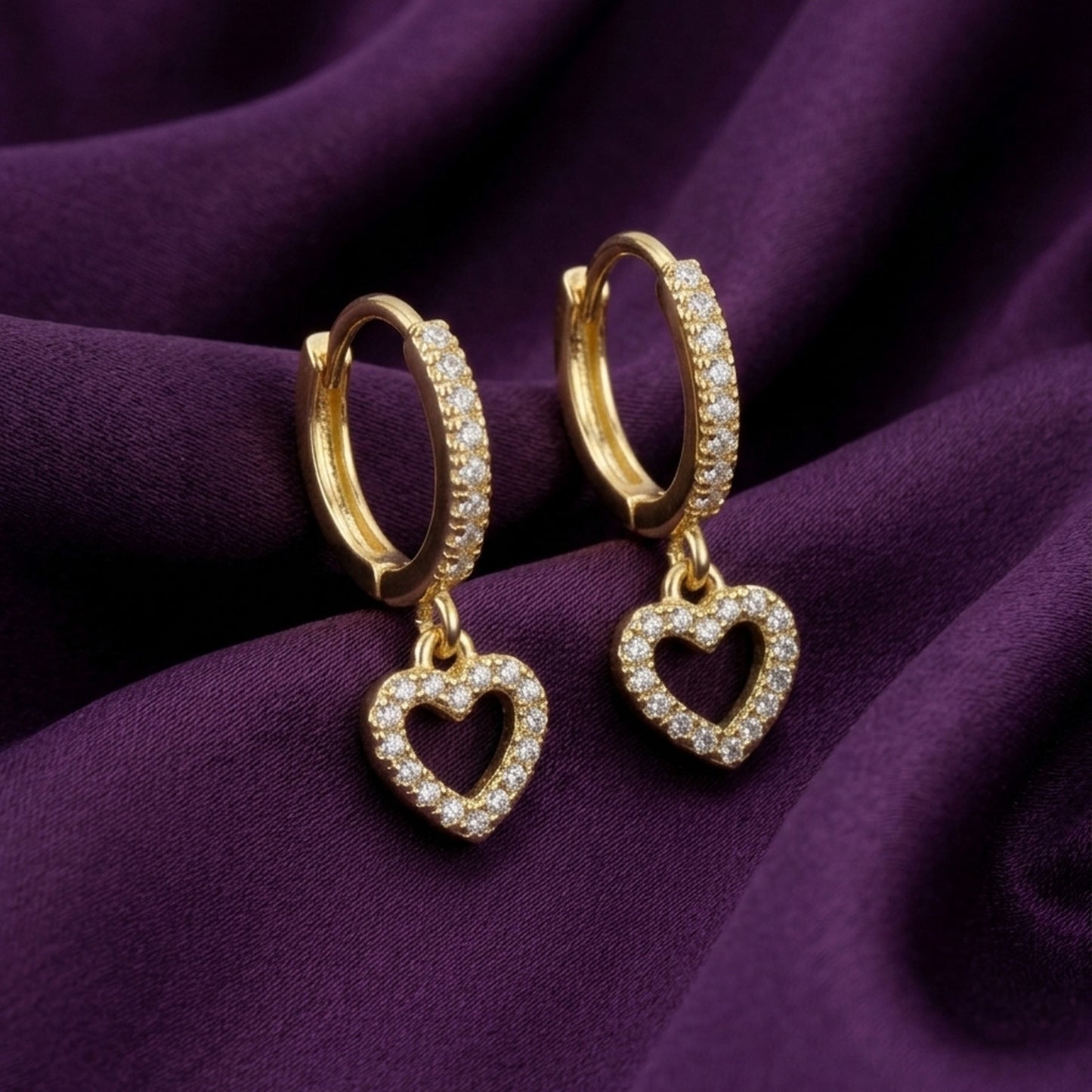 18K Gold Plated CZ Heart Charm Huggie Hoop Earrings