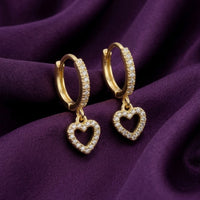 18K Gold Plated CZ Heart Charm Huggie Hoop Earrings