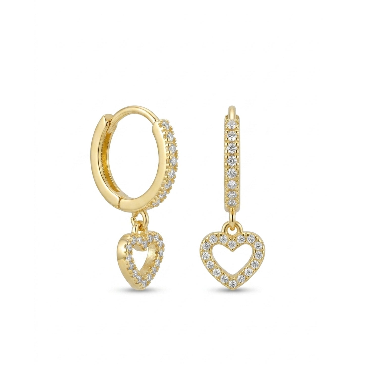 18K Gold Plated CZ Heart Charm Huggie Hoop Earrings
