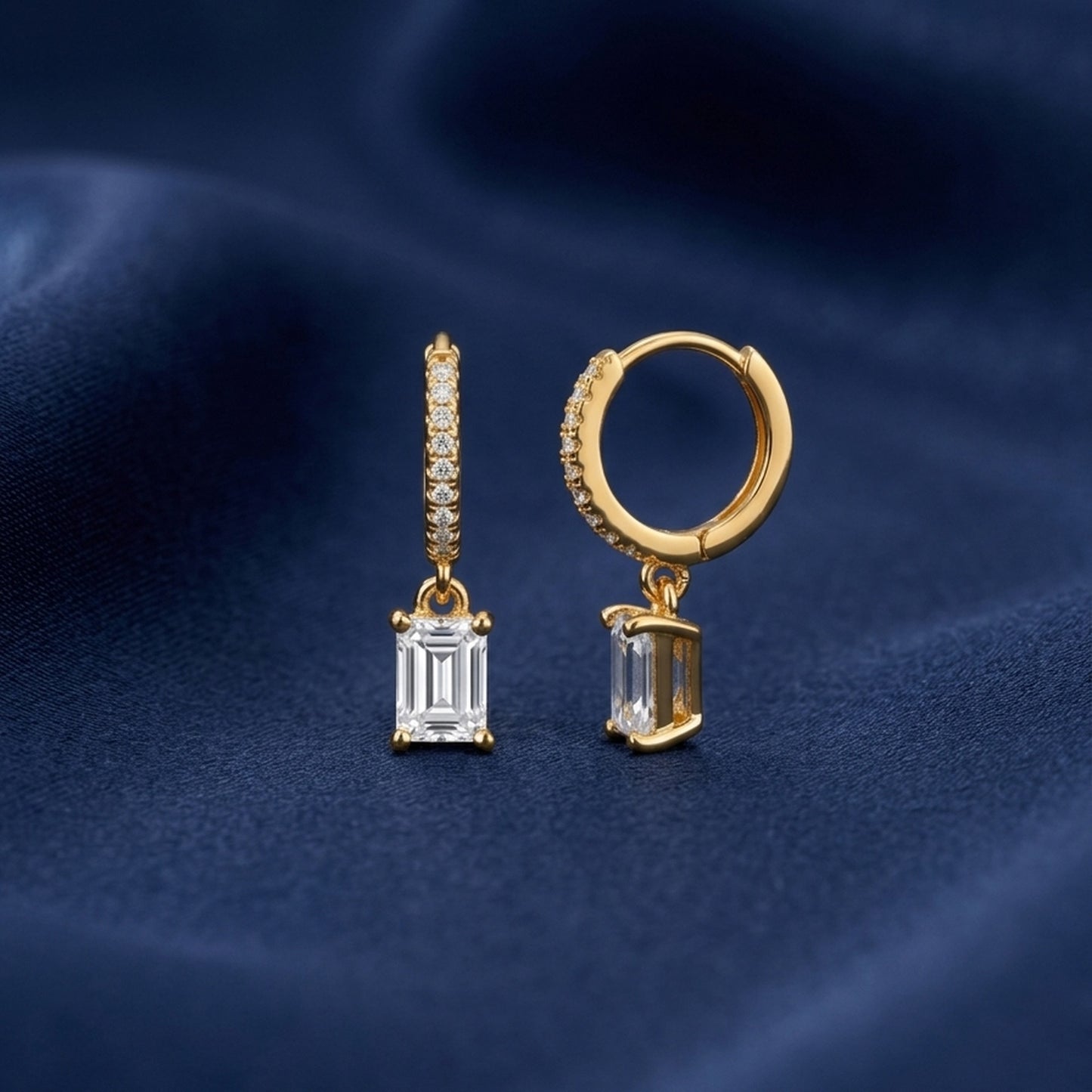 18K Gold Plated Baguette CZ Drop Huggie Earrings