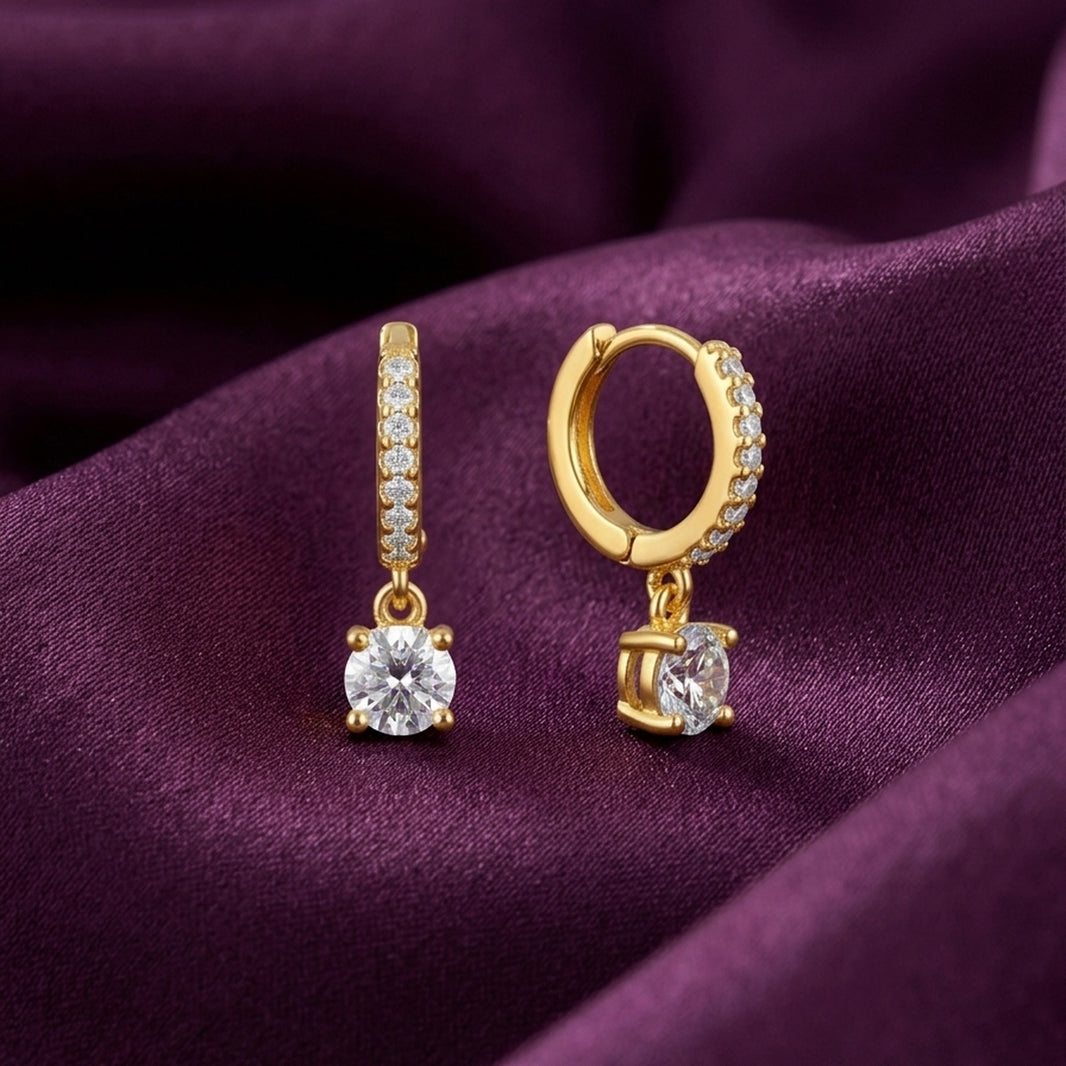 18K Gold Plated CZ Pave Huggie with Round Solitaire Drop Earrings