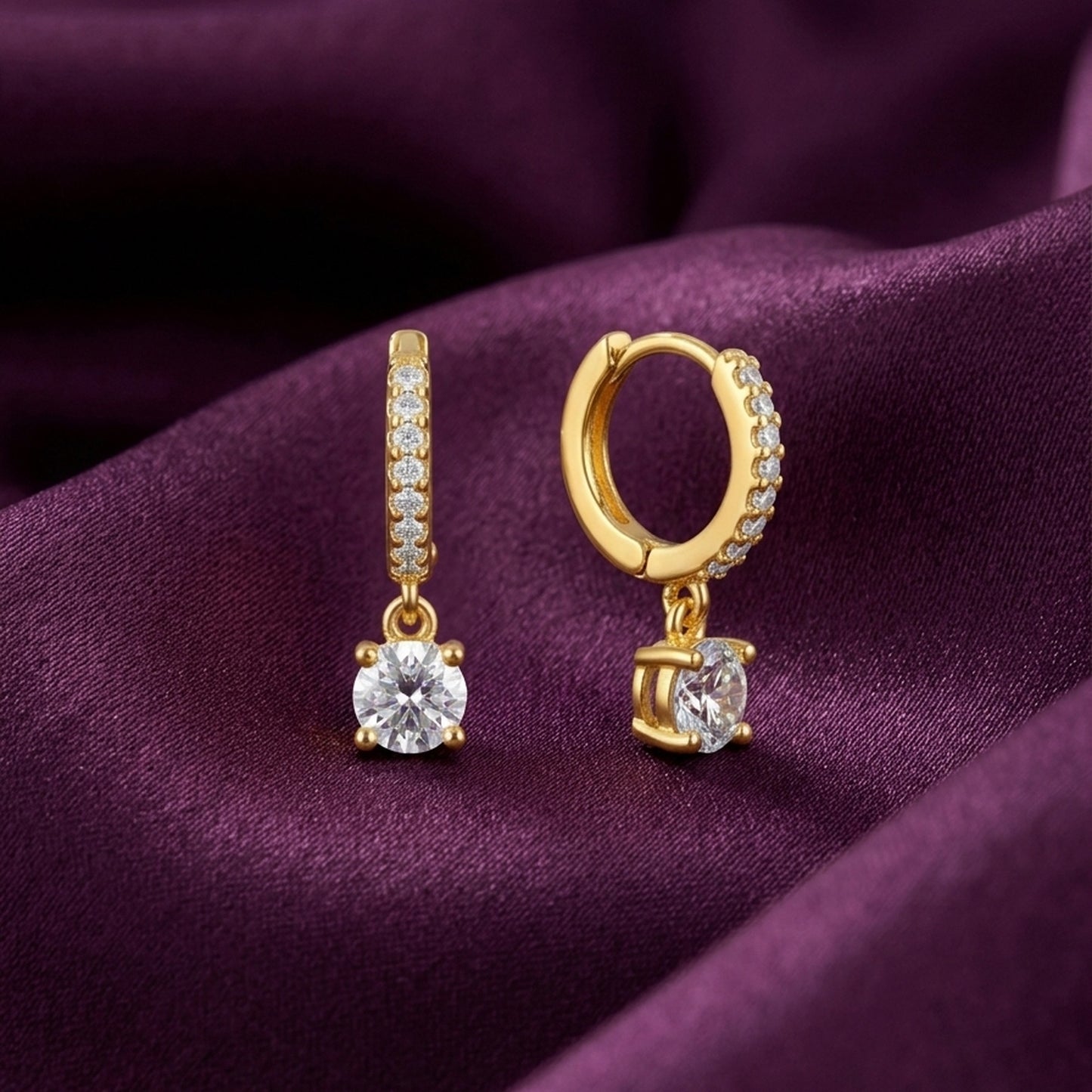 18K Gold Plated CZ Pave Huggie with Round Solitaire Drop Earrings