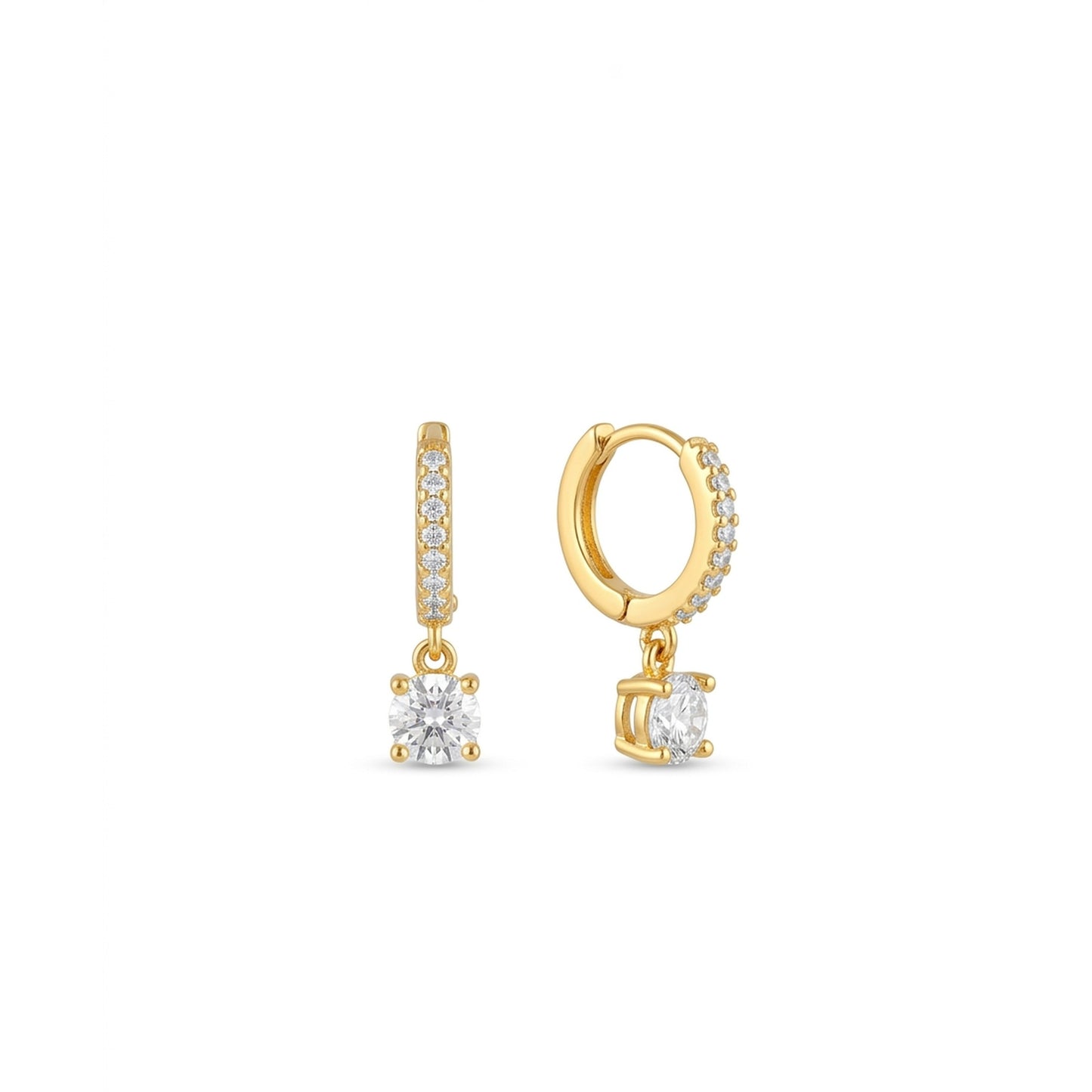 18K Gold Plated CZ Pave Huggie with Round Solitaire Drop Earrings