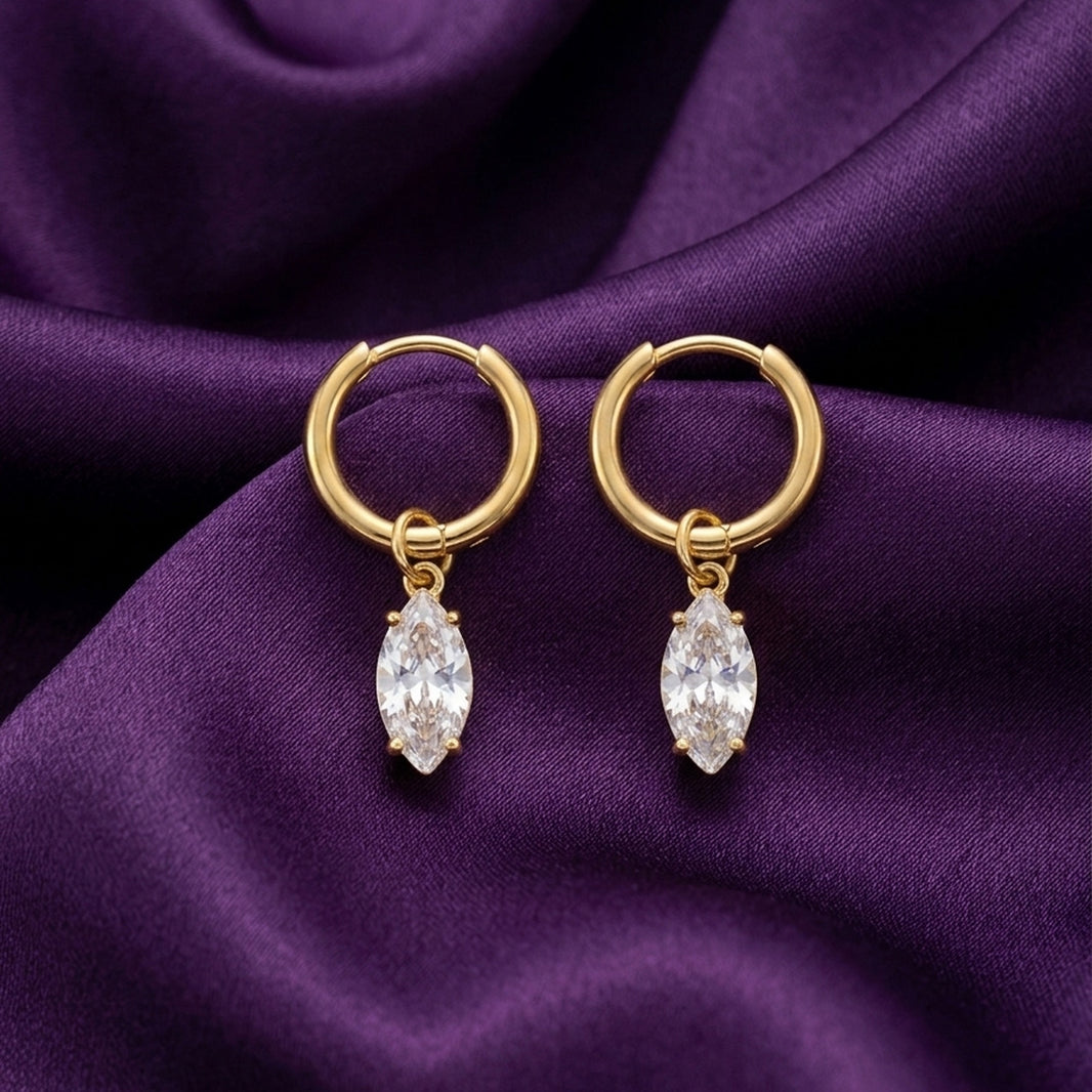 18K Gold Plated Marquise CZ Drop Huggie Earrings