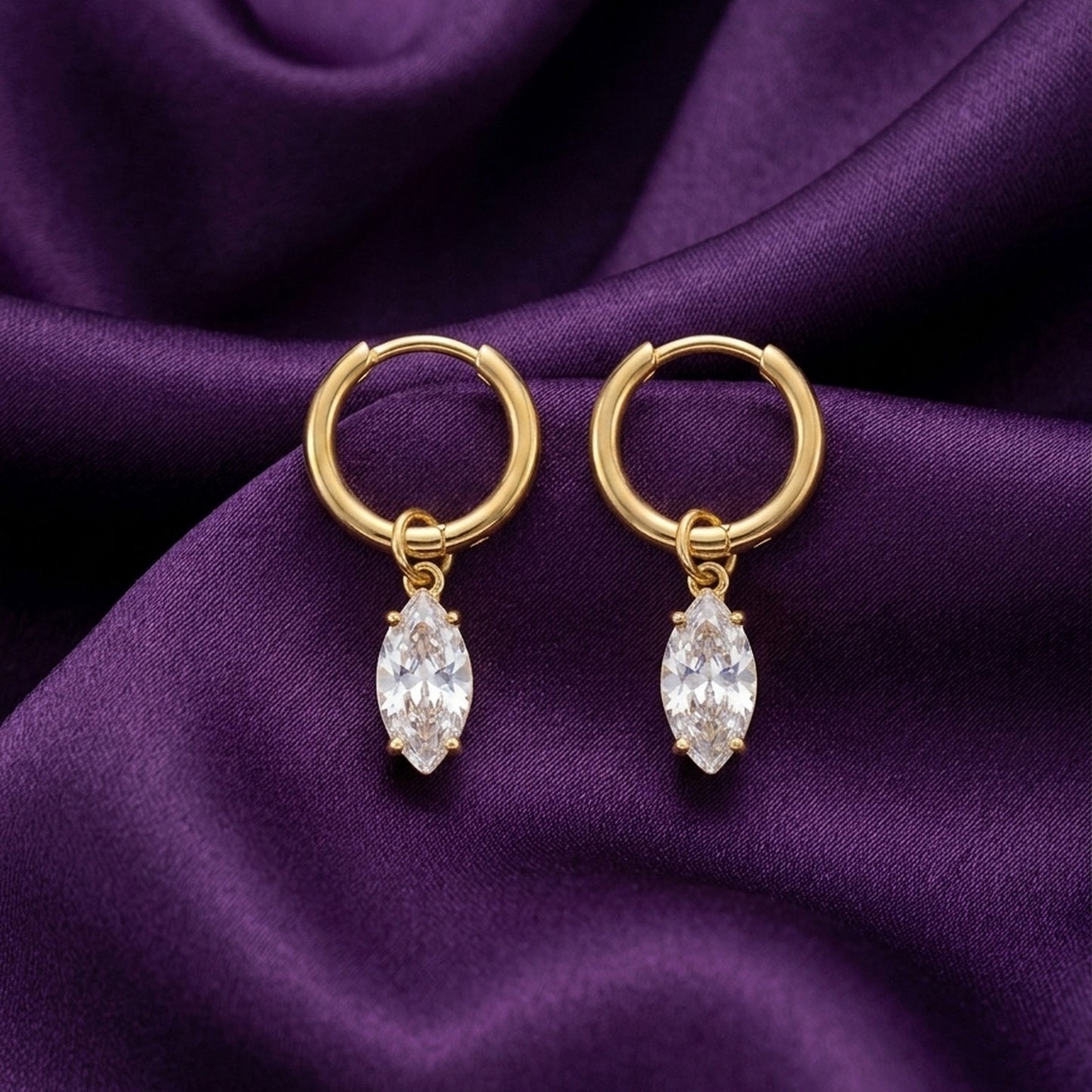 18K Gold Plated Marquise CZ Drop Huggie Earrings