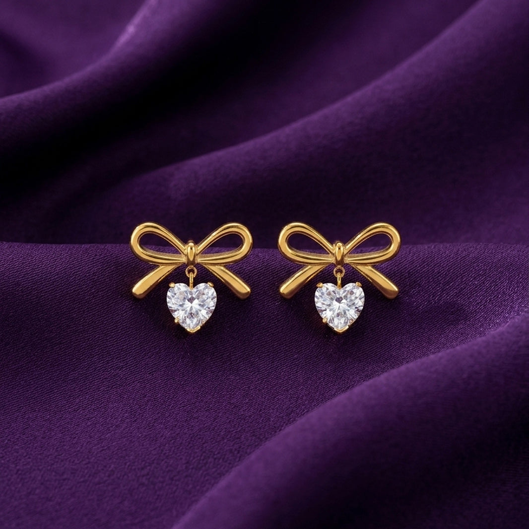 18K Gold Plated Bow with CZ Heart Drop Stud Earrings
