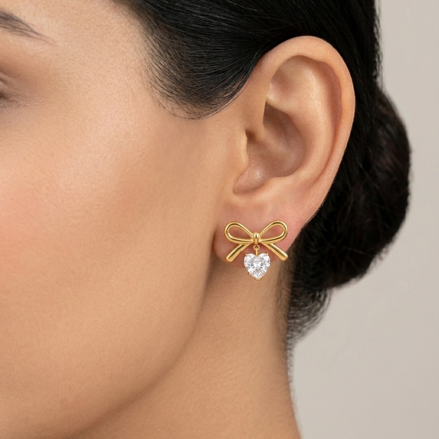 18K Gold Plated Bow with CZ Heart Drop Stud Earrings