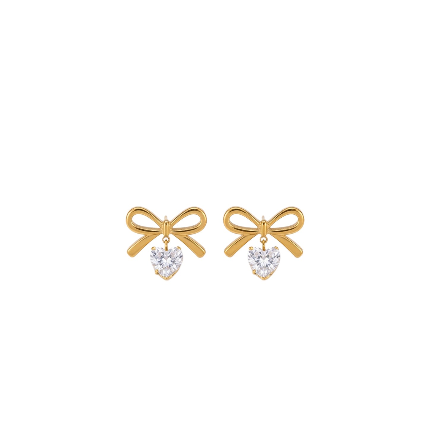 18K Gold Plated Bow with CZ Heart Drop Stud Earrings