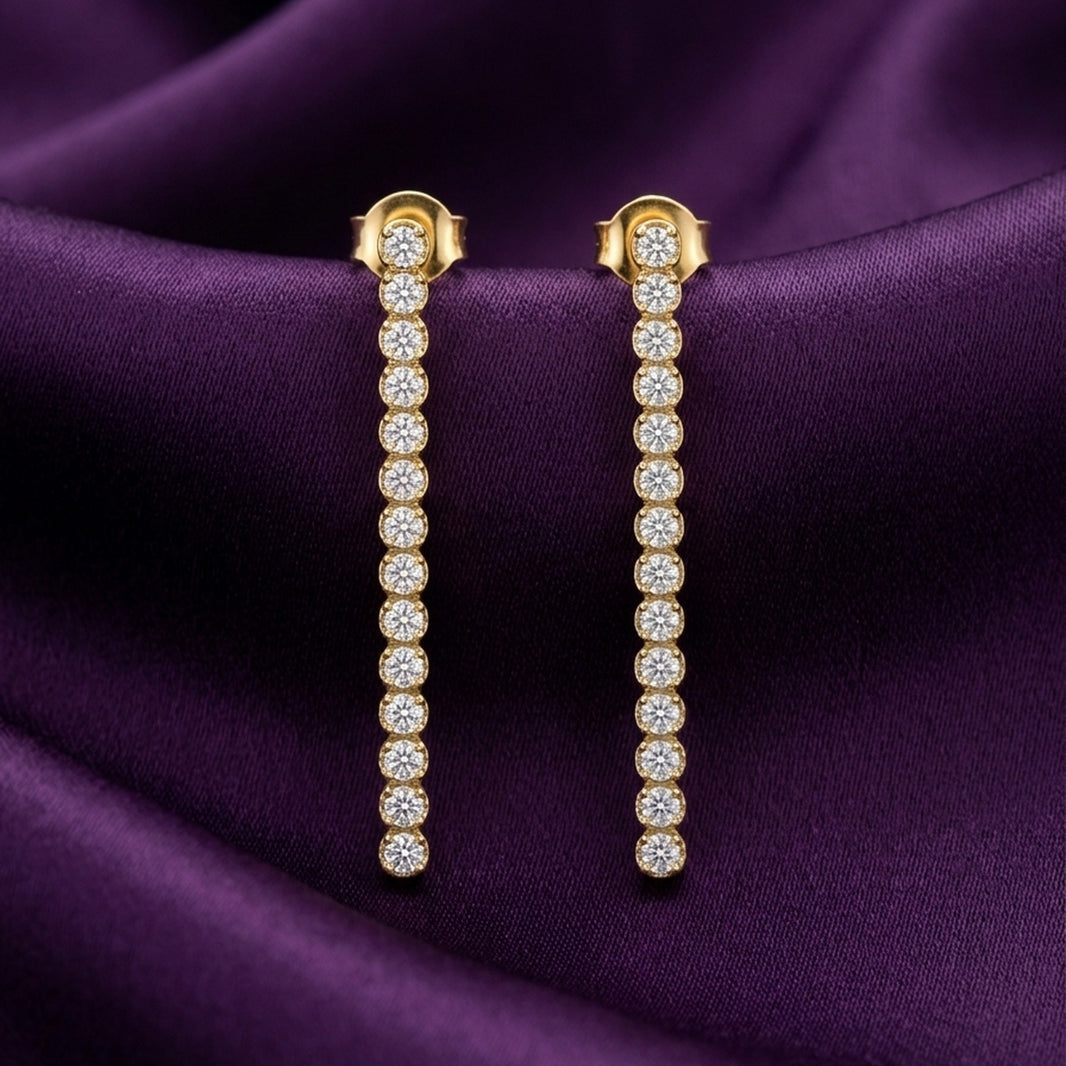 18K Gold Plated CZ Tennis Linear Drop Earrings
