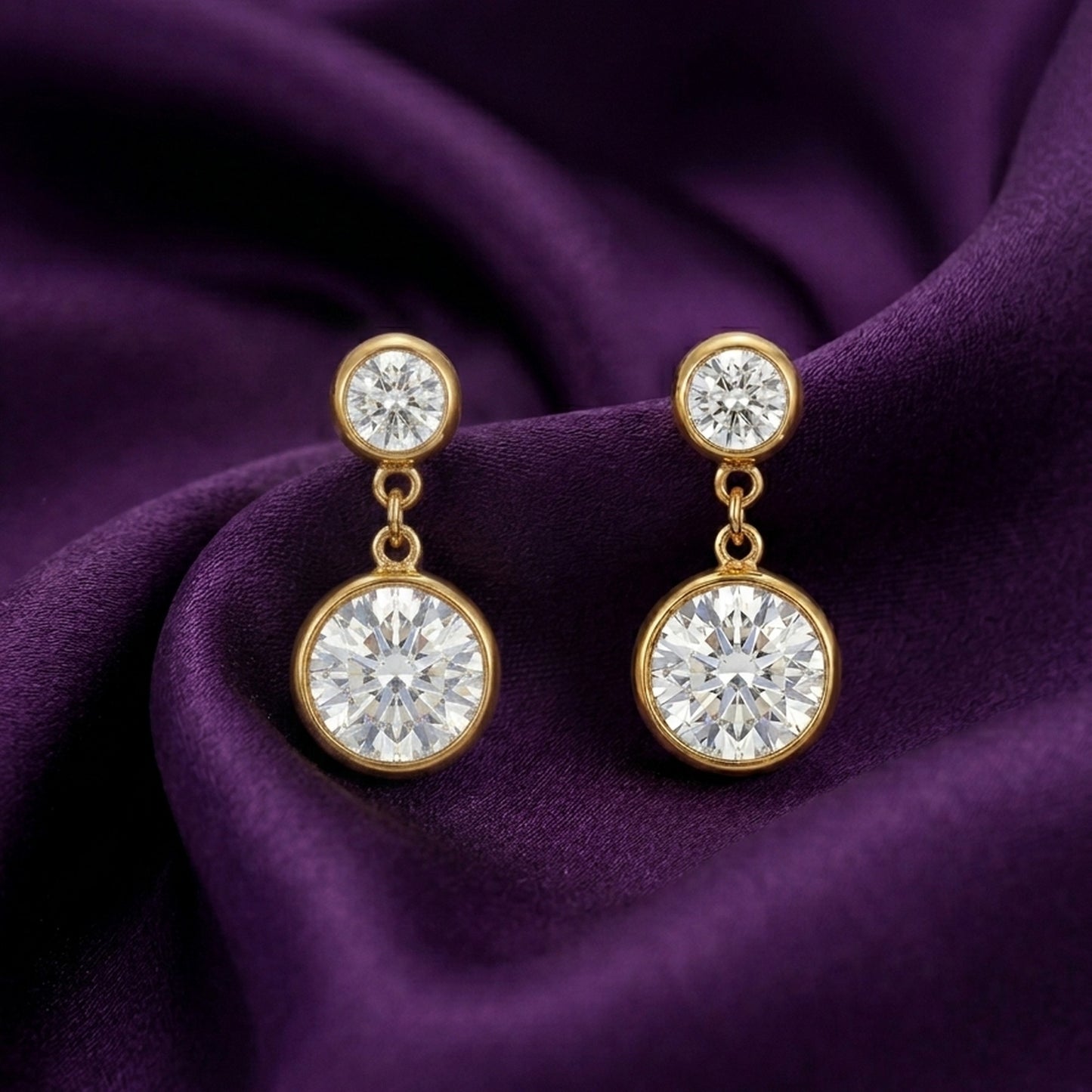 18K Gold Plated Double Bezel Round CZ Drop Stud Earrings