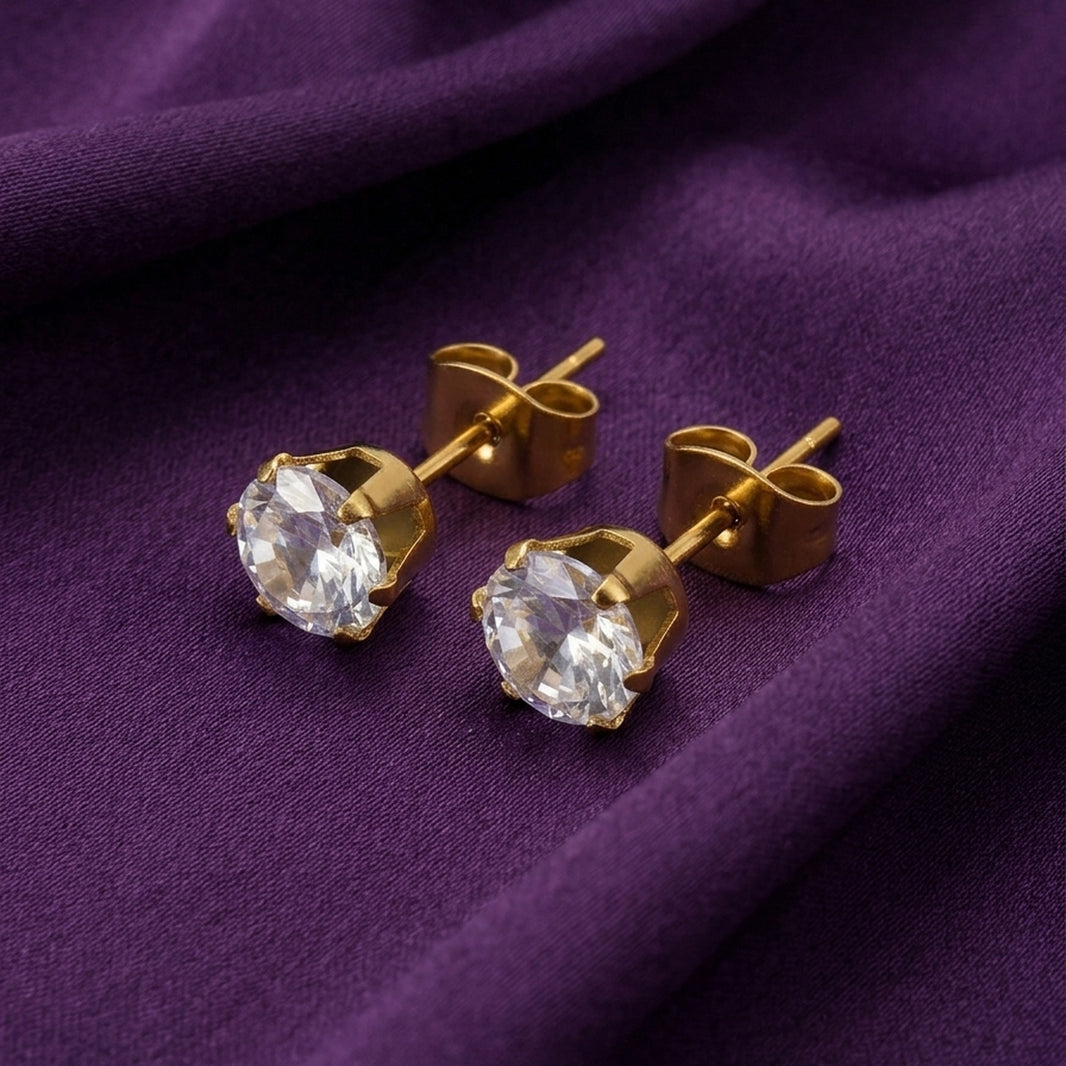 18K Gold Plated Round CZ Solitaire Stud Earrings