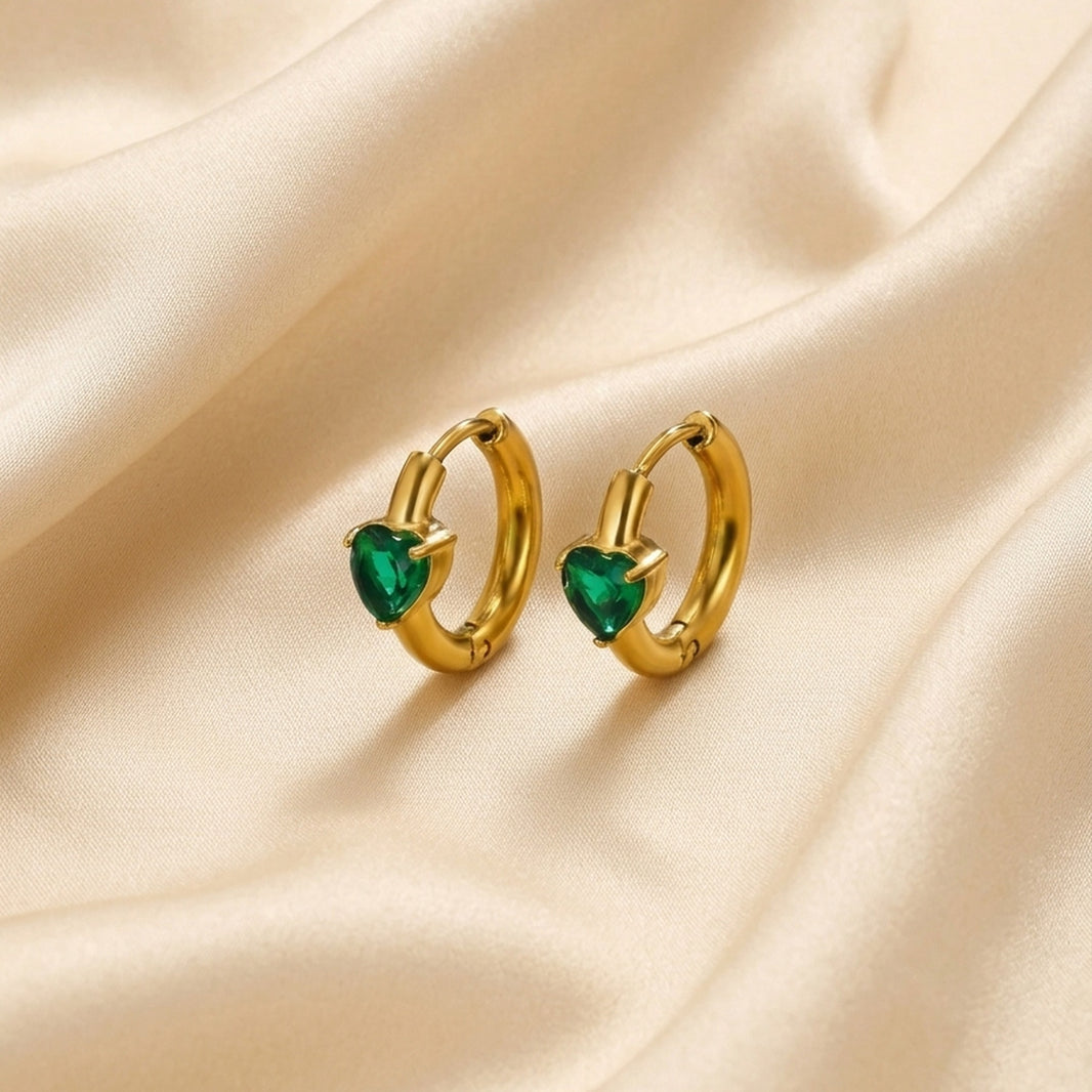 18K Gold Plated Green Heart CZ Drop Huggie Earrings