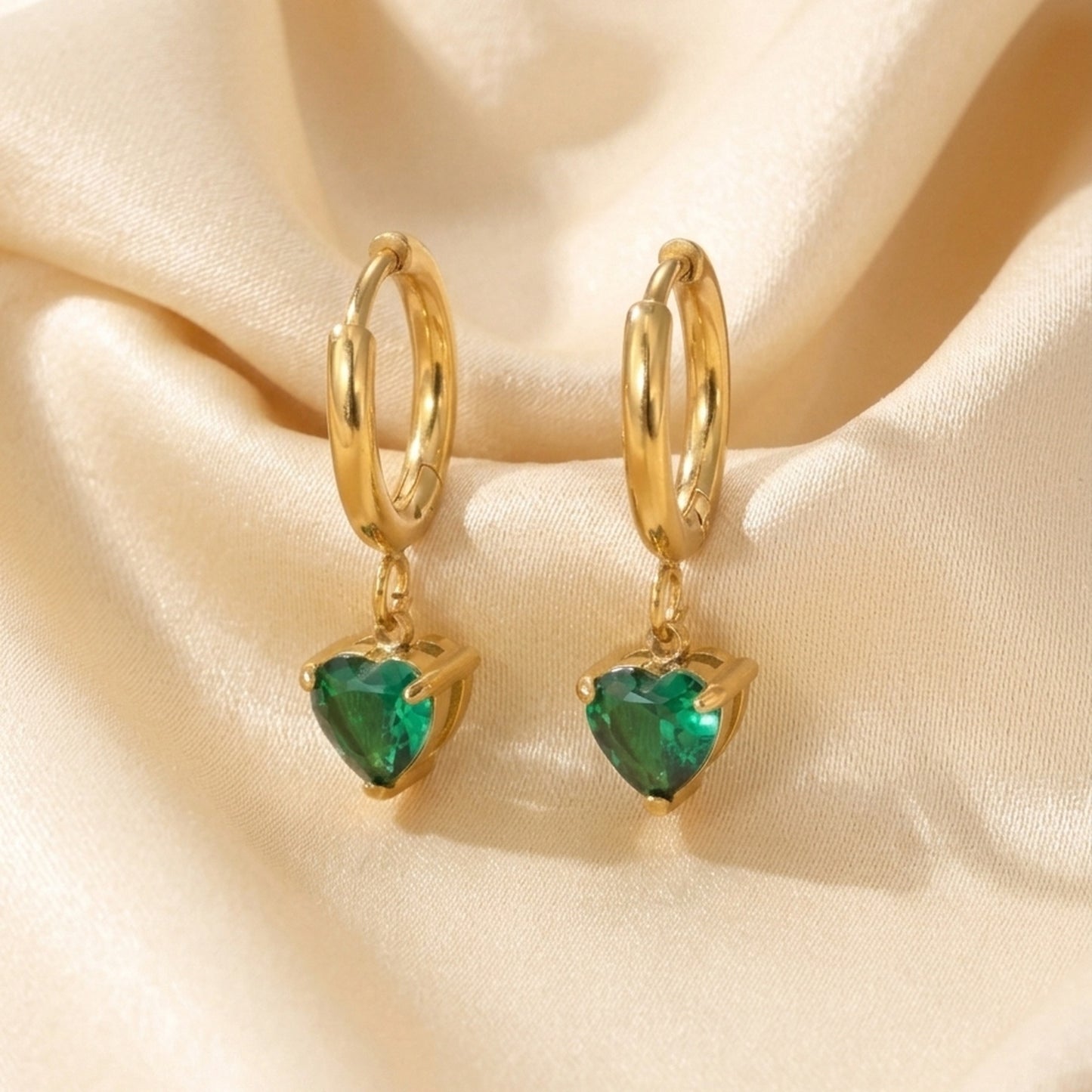 18K Gold Plated Clear Heart CZ Bezel Drop Huggie Earrings