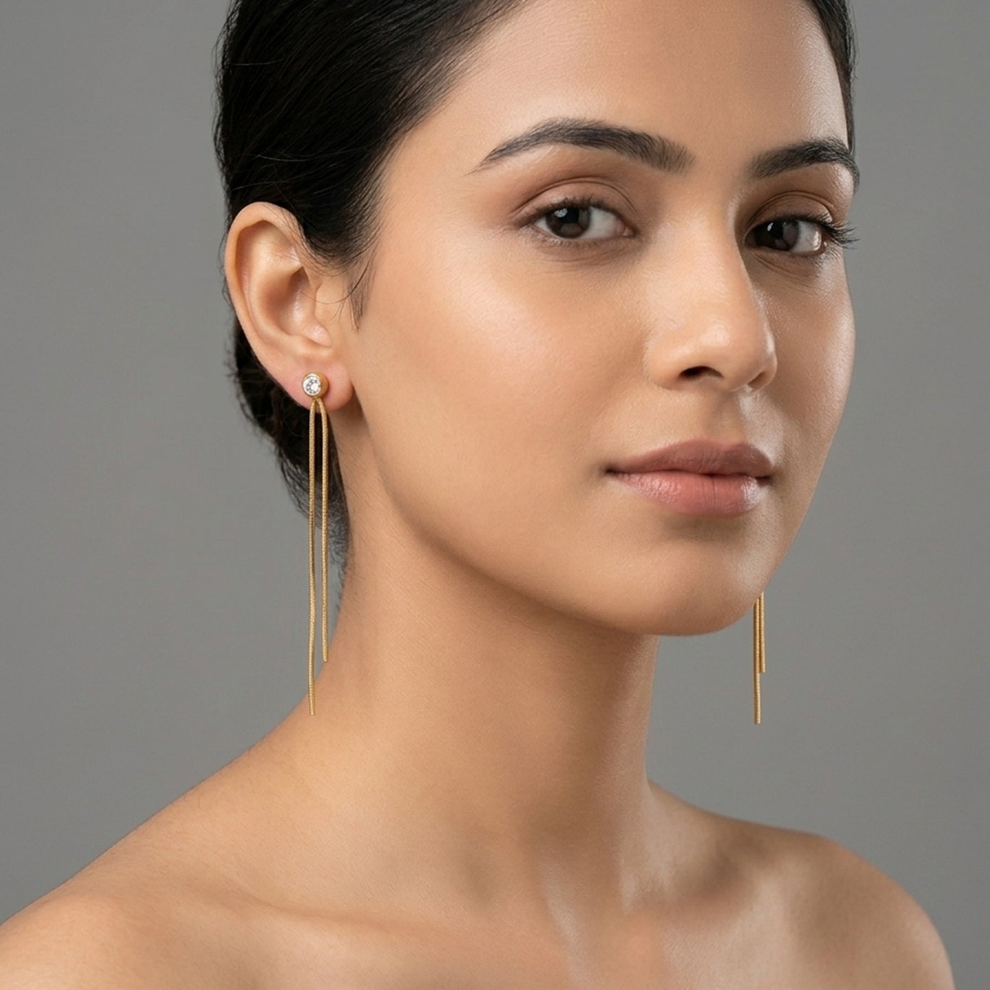 18K Gold Plated Bezel CZ Stud with Long Double Tassel Chain Drop Earrings