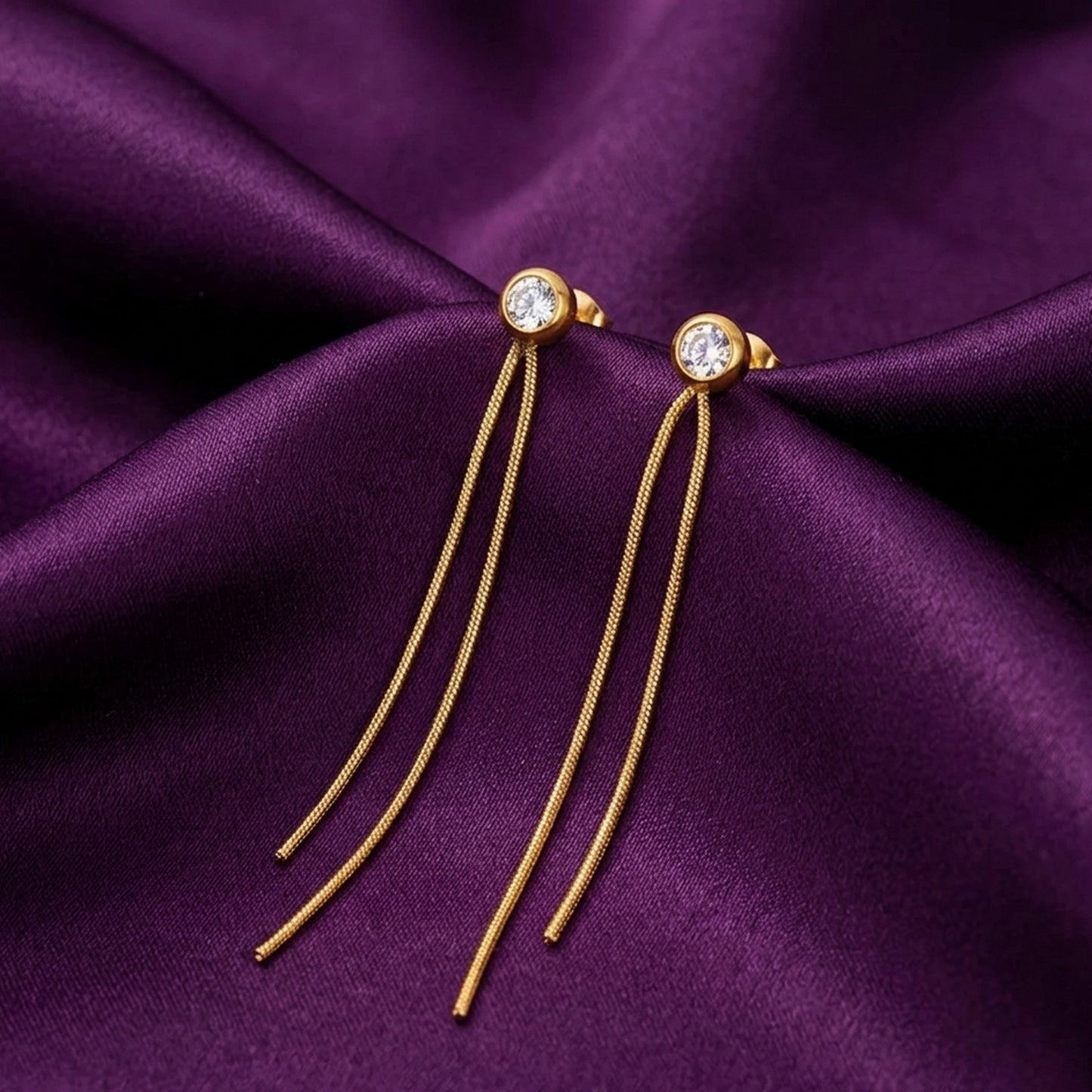 18K Gold Plated Bezel CZ Stud with Long Double Tassel Chain Drop Earrings